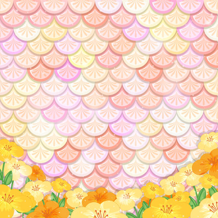 Pastel mermaid scale pattern with many flowers illustrationのイラスト素材