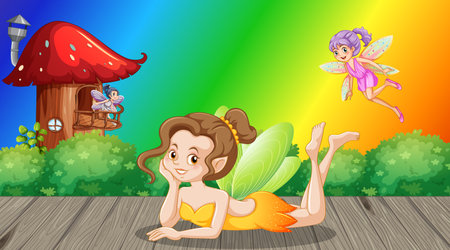 Fairies cartoon character on rainbow gradient background illustrationのイラスト素材