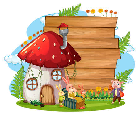 Blank banner in the garden with rabbit family isolated illustrationのイラスト素材