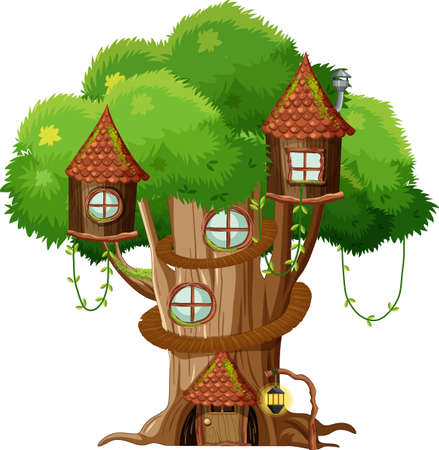 Fantasy tree house inside tree trunk on white background illustrationのイラスト素材