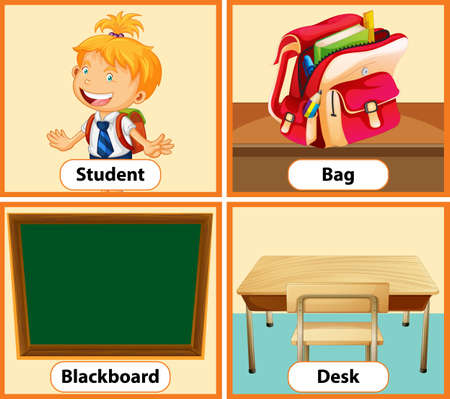 Educational English word card of School objects set illustrationのイラスト素材