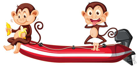 Two funny monkeys on the boat illustrationのイラスト素材