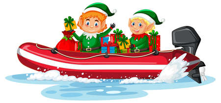 Christmas elf on the boat with his gifts illustrationのイラスト素材