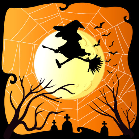Silhouette witch flying on full moon illustrationのイラスト素材