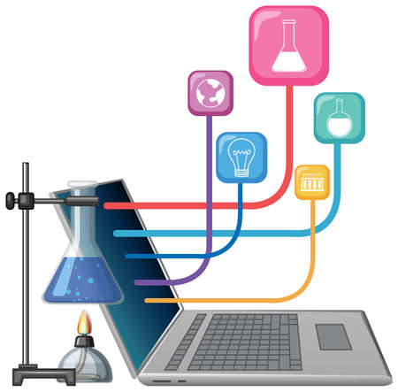Laptop computer with academic icon on white background illustrationのイラスト素材