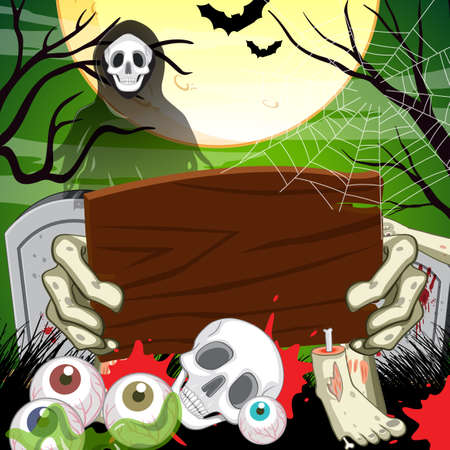 Empty wooden board on scary cemetery forest illustrationのイラスト素材