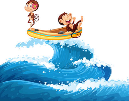 Happy monkey driving boat on ocean wave illustrationのイラスト素材