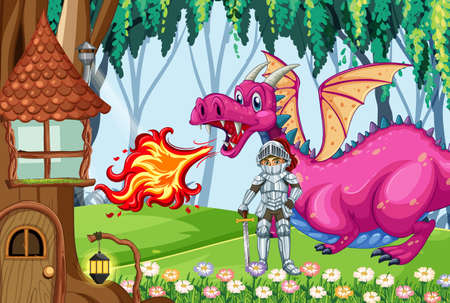 Dragon and knight in enchanted forest illustrationのイラスト素材