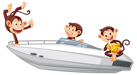 Three little monkeys on motorboat illustrationのイラスト素材