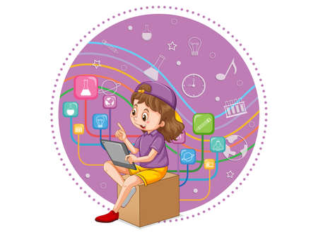 Young girl using tablet for education illustrationのイラスト素材