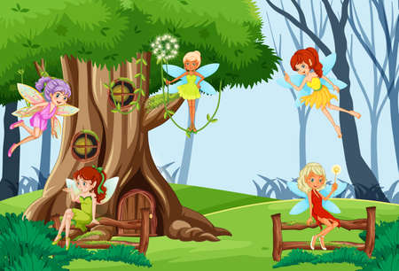Fantasy forest with cute fairies  illustrationのイラスト素材