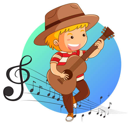 A boy wears hat and playing guitar with melody symbols illustrationのイラスト素材
