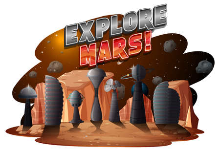 Explore Mars word logo with planet  illustrationのイラスト素材