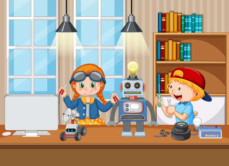 Children fixing a robot together in the room scene illustrationのイラスト素材