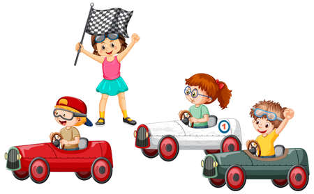Children racing car together illustrationのイラスト素材