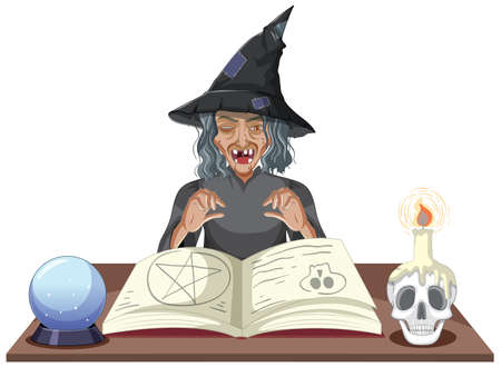 Wicked old witch with magic spell book illustrationのイラスト素材