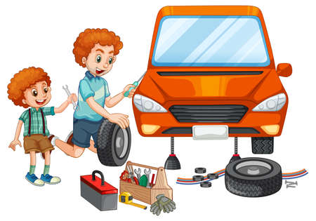 Dad and son fixing a car together on white background illustrationのイラスト素材