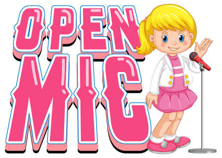 Open mic logo design with singer girl cartoon character illustrationのイラスト素材