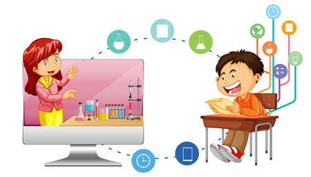 Young boy studying in front of computer  illustrationのイラスト素材