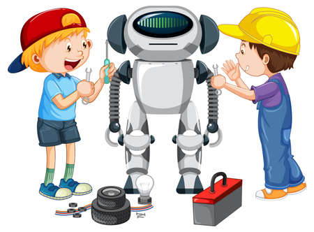 Children fixing a robot together illustrationのイラスト素材