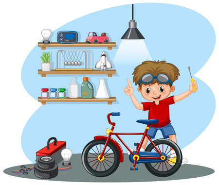 Young boy fixing a bicycle together  illustrationのイラスト素材
