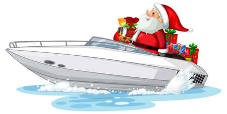 Christmas Santa Claus on speed boat with his gifts illustrationのイラスト素材