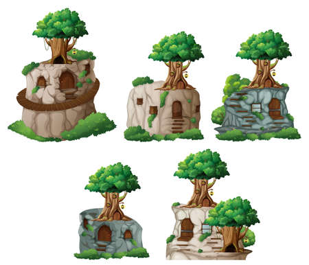 Set of different fantasy tree on cliff  illustrationのイラスト素材