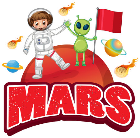 Mars word logo design with Mars planet illustrationのイラスト素材