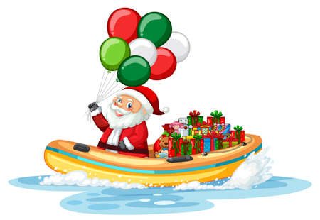 Santa Claus on the boat with his gifts illustrationのイラスト素材