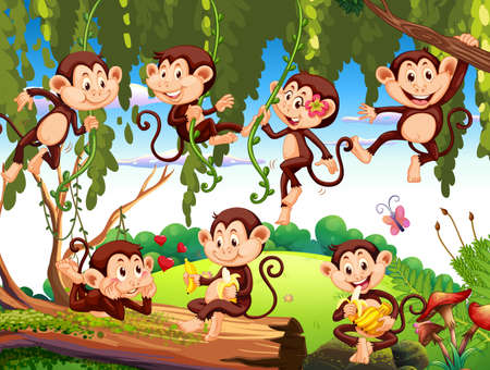 Forest scene with funny monkeys cartoon illustrationのイラスト素材