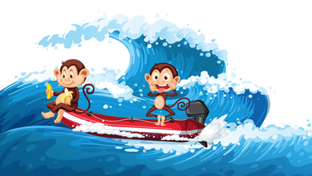 Two little monkeys on a boat with ocean wave illustrationのイラスト素材