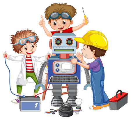 Children fixing a robot together illustrationのイラスト素材