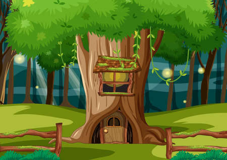 Fantasy forest scene with hollow tree house illustrationのイラスト素材