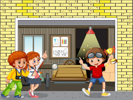 Garage scene with children fixing a car together illustrationのイラスト素材