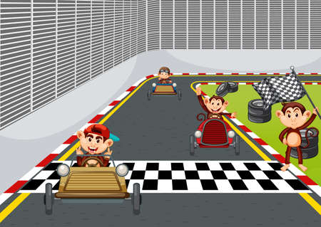 Race track scene with monkey racing drivers illustrationのイラスト素材