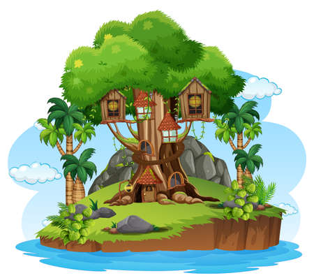 Fantasy tree house in the forest illustrationのイラスト素材