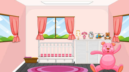 Pink bedroom interior design with furniture for kids illustrationのイラスト素材