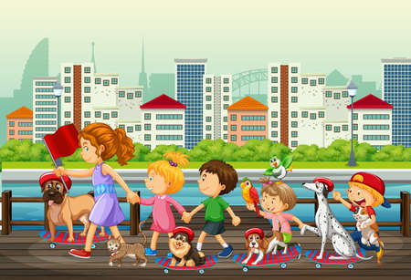 Children walking with their animals in the city illustrationのイラスト素材