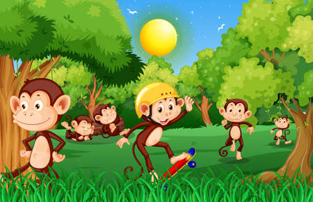 Forest scene with funny monkeys cartoon illustrationのイラスト素材