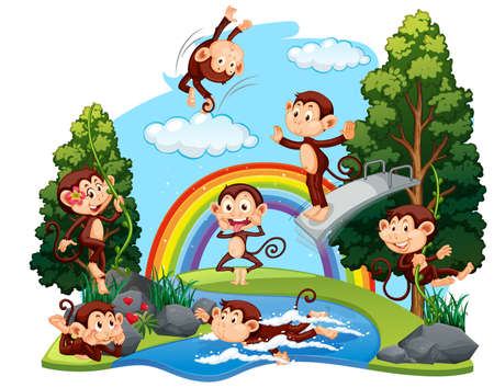 Funny monkeys playing in the forest illustrationのイラスト素材