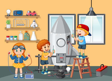Children fixing a rocket toy together in the room scene illustrationのイラスト素材