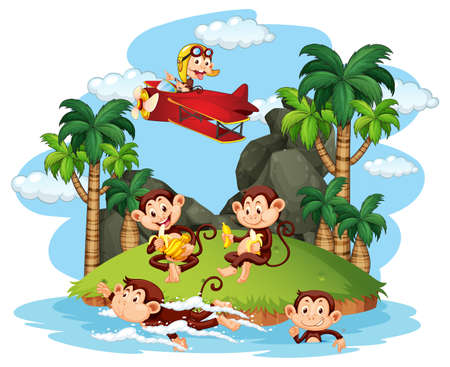 Isolated island with naughty monkeys doing different activities illustrationのイラスト素材