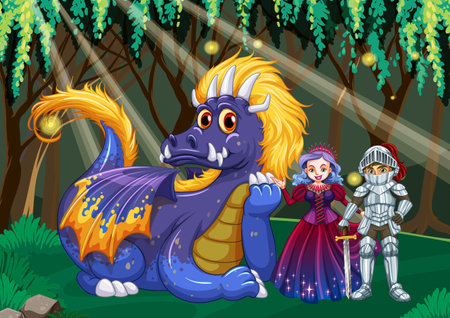 Dragon and knight in enchanted forest background illustrationのイラスト素材