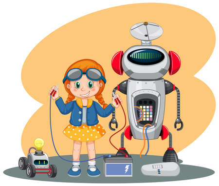 Young girl fixing a robot illustrationのイラスト素材