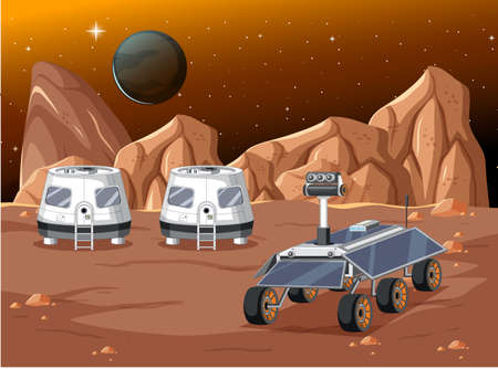 Space station on planet landscape illustrationのイラスト素材