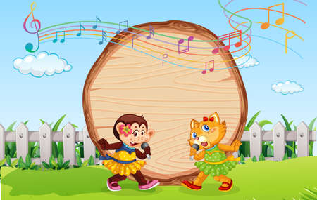 Empty wooden board with cat and monkey at nature park illustrationのイラスト素材