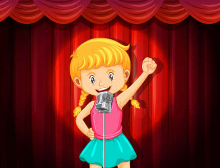 Little cute girl singing on stage illustrationのイラスト素材