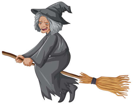 Old witch riding broomstick illustrationのイラスト素材