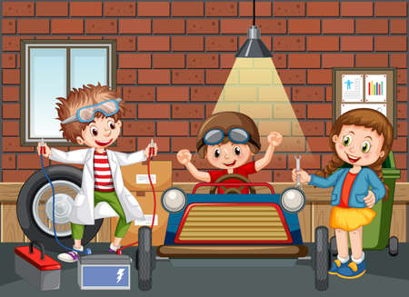 Garage scene with children fixing a car together illustrationのイラスト素材