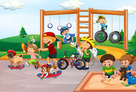 Playground scene with children playing with their dogs illustrationのイラスト素材